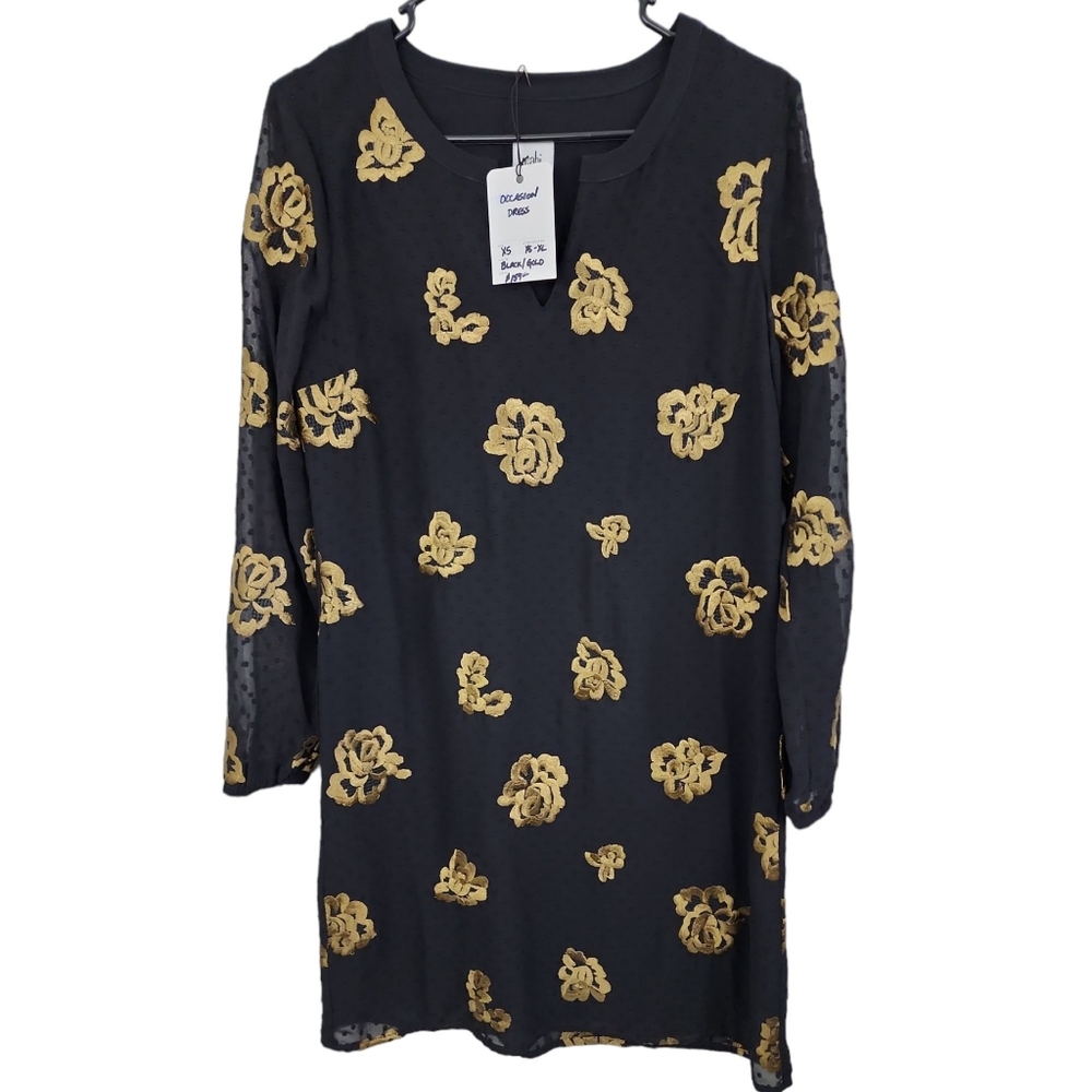 CAbi Occasion Shift Dress Swiss Dot Gold Embroidered Floral Size XS Blac…